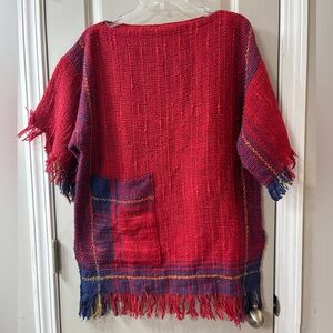 Judi Gaston One of a kind Hand Woven Red & Blue Tunic w/Fringe